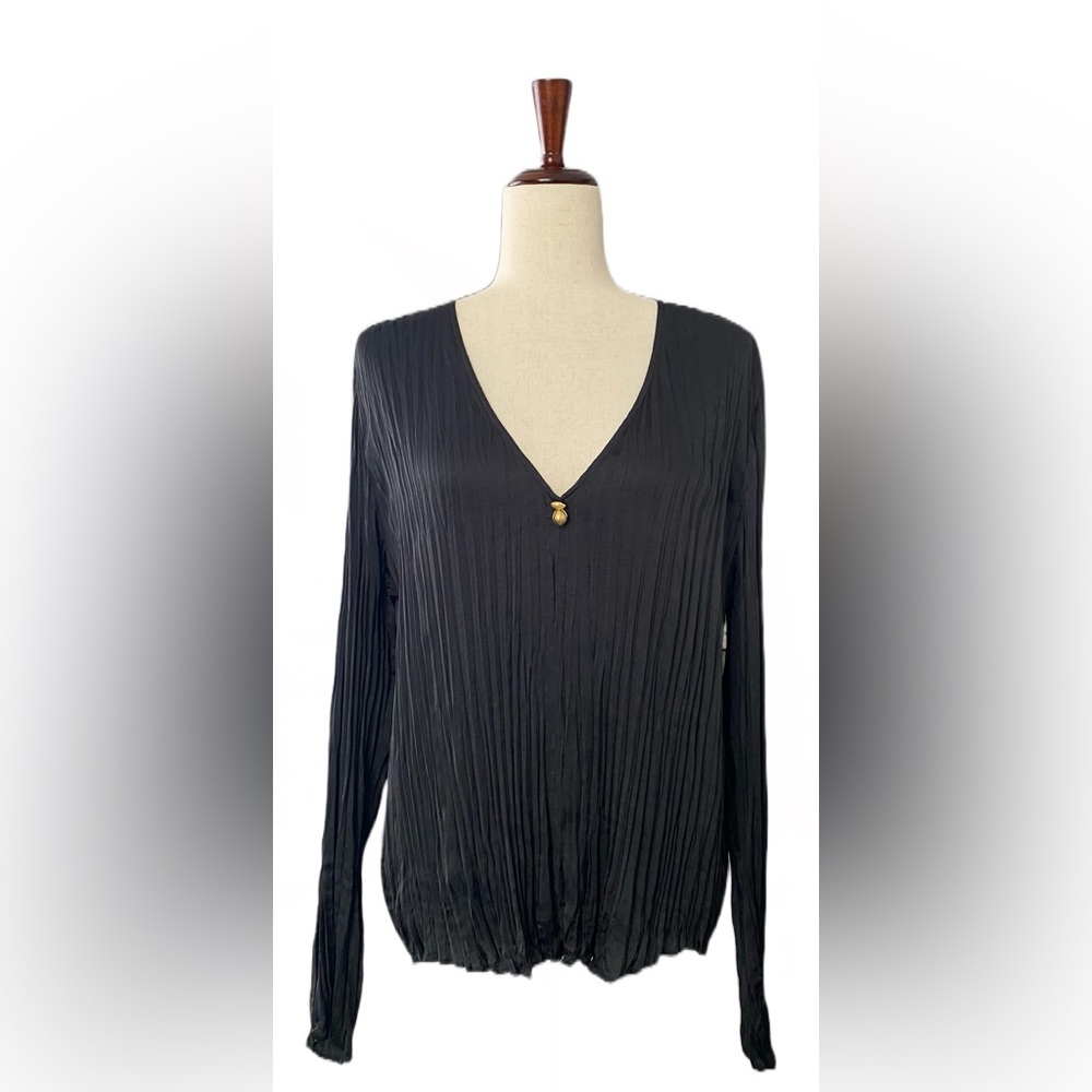 Vince Double V-Neck Pleated Popover Black Top Blouse Size Large
